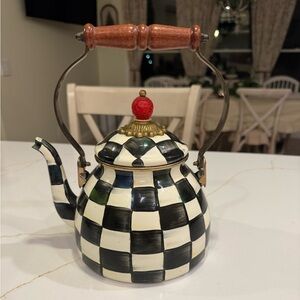MacKenzie-Childs Black and White Checkered Teapot with Red Knob